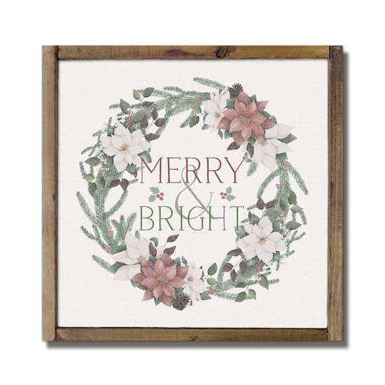 Merry & Bright Wreath Framed Wood Plaque